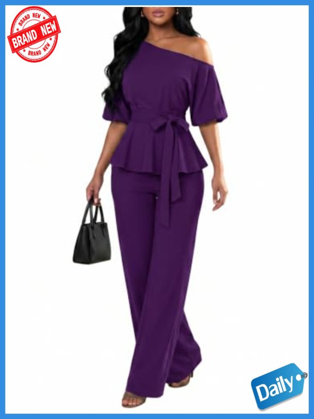 Women 2 Piece Pantsuit, Puff Sleeve Peplum Top & Wide Leg Pants, Side Pockets,